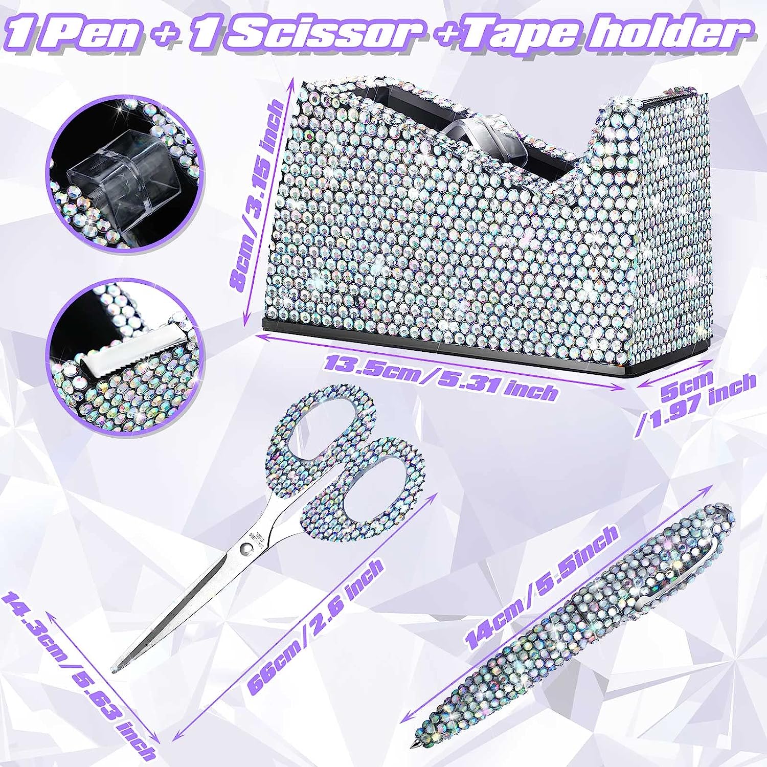6 Pack Bling Office Stationery Set Desk Accessory Office Set Includes Pen Scissor Stapler Staple Remover 1000 Pcs Staples Tape Dispenser with Diamond Inlay for Office Home Desk Supplies (Silver) - Image 3